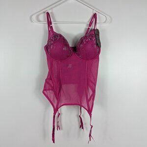 NWT Maidenform 36C Hot Pink Corset with Lace Trim and Garter Clips